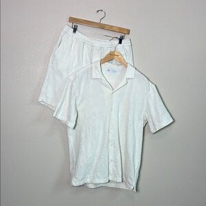 ZARA‎ Women XL Off White Textured Cotton Blend Button Up Short Set Beach Coastal